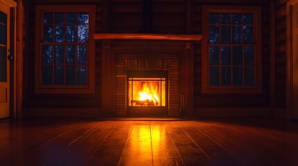 Cozy cabin, fire burning, dark wood floors.