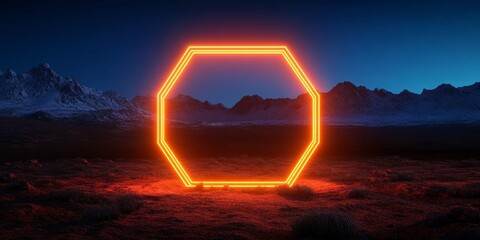 Futuristic Neon Orange Hexagon in Twilight Desert Landscape with Mountains and Glowing Aesthetic