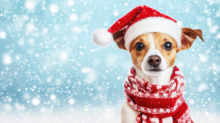 Festive dog wearing red scarf and holiday hat in snowy background