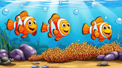 Three colorful clownfish swimming playfully among coral underwater