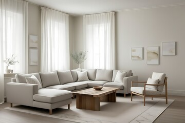Modern living room with beige sectional sofa, wooden coffee table, armchair, and neutral decor.