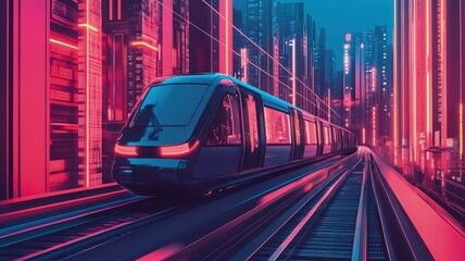 A futuristic train travels through a neon-lit cityscape with vibrant colors and modern architecture.