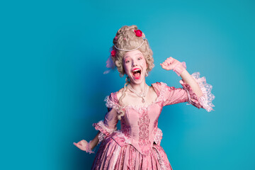 Photo of charming happy duchess british queen medieval lady wear corset dress isolated on blue color background