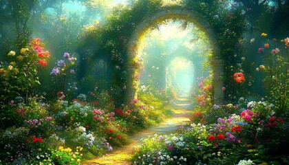 Obraz premium Vibrant Sunlit Garden with Overgrown Stone Archway and Colorful Flowers in a Fantasy Landscape