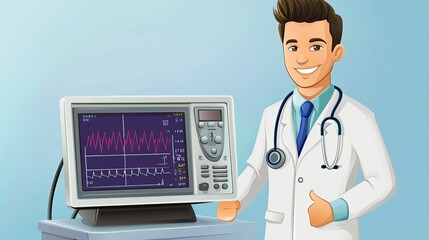 Illustration of a uniformed doctor standing next to a vital signs monitor showing an electrocardiogram (ECG, EKG), normal sinus rhythm, and heart rate. Medical health care.