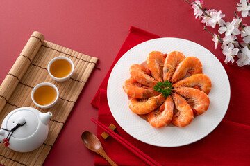 Delicious shrimp soaked in Chinese wine for lunar new year's dishes.