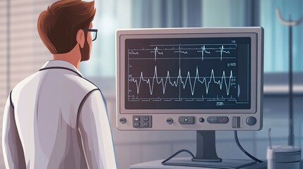 Illustration of a uniformed doctor standing next to a vital signs monitor showing an electrocardiogram (ECG, EKG), normal sinus rhythm, and heart rate. Medical health care.