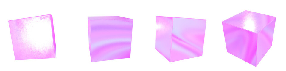 Set of 4 3d iridescent cubes isolated on a transparent background. Pink tone. 3d elements for graphic design.