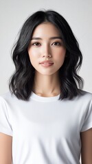 Fototapeta premium Young East Asian woman with wavy black hair looks at the camera in a white t-shirt against a plain studio background.