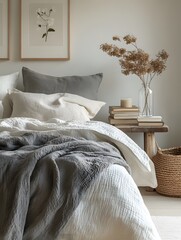 Cozy and Serene Bedroom with Neutral Tones, Featuring a Plush Bed with Layered Bedding, Wooden Nightstands, Decorative Plants, and Framed Botanical Art.