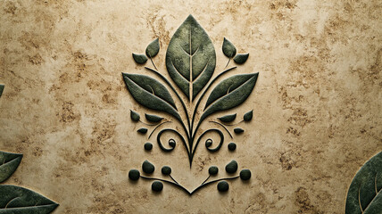Fototapeta premium A rustic logo with a leaf and berry motif in rich greens and soft browns, featuring an elegant serif font