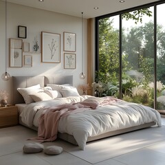 Serene Modern Bedroom with Large Window Overlooking Lush Greenery, Featuring Cozy Bedding, Elegant Pendant Lights, and Minimalist Decor.