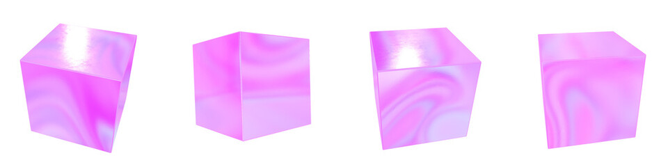 Set of 4 3d iridescent cubes isolated on a transparent background. Pink tone. 3d elements for graphic design.