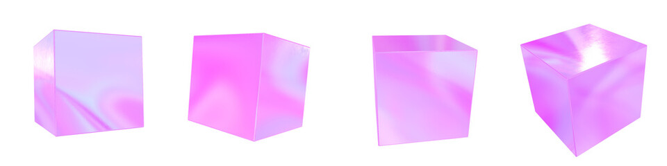 Set of 4 3d iridescent cubes isolated on a transparent background. Pink tone. 3d elements for graphic design.