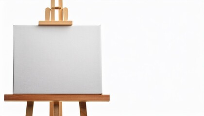 A wooden easel with a white canvas isolated on white background