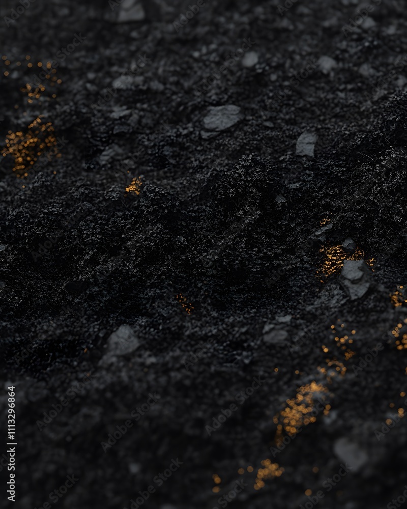 Poster a close-up view of dark textured material with hints of orange, resembling soil or mineral deposits.
