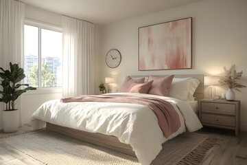 Cozy Sunlit Bedroom with White and Pink Bedding, Rustic Wooden Elements, and Natural Decor Featuring a Vase with Dried Plants, a Wooden Side Table, and a Vintage Alarm Clock by the Window.
