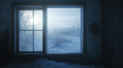 Frosty window, snowy landscape, winter's cold embrace.