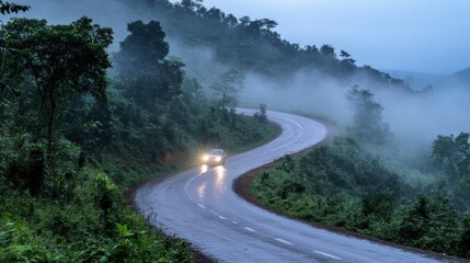 Winding road through misty forest in early morning light creates a serene atmosphere for travelers