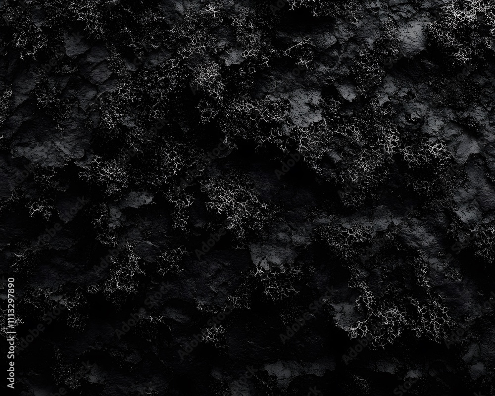 Poster a textured black surface with intricate patterns resembling natural elements.