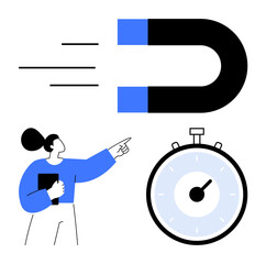 Magnet stopwatch and woman pointing represent attraction time management, and direction. Ideal for business, education, productivity, leadership, planning, efficiency. Line metaphor