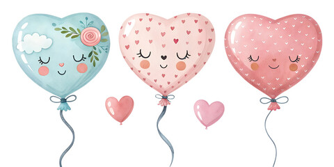 heart shape balloons watercolor set painting drawing cut out isolated on white background