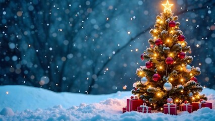 Obraz premium A glowing Christmas tree, gift boxes and garlands. A place to copy