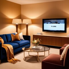 A comfortable TV lounge setting with a soft velvet