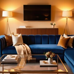 A comfortable TV lounge setting with a soft velvet
