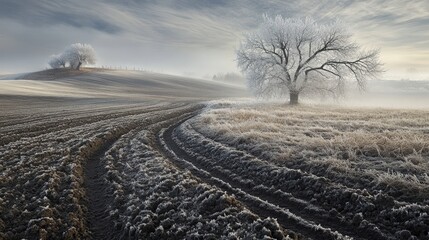 Frozen field, frost-covered trees, winter landscape.