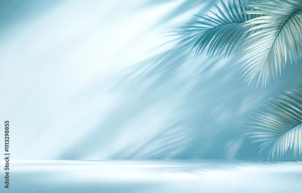 Poster minimal abstract background of palm leaf shadows on light blue wall for spring and summer product pr