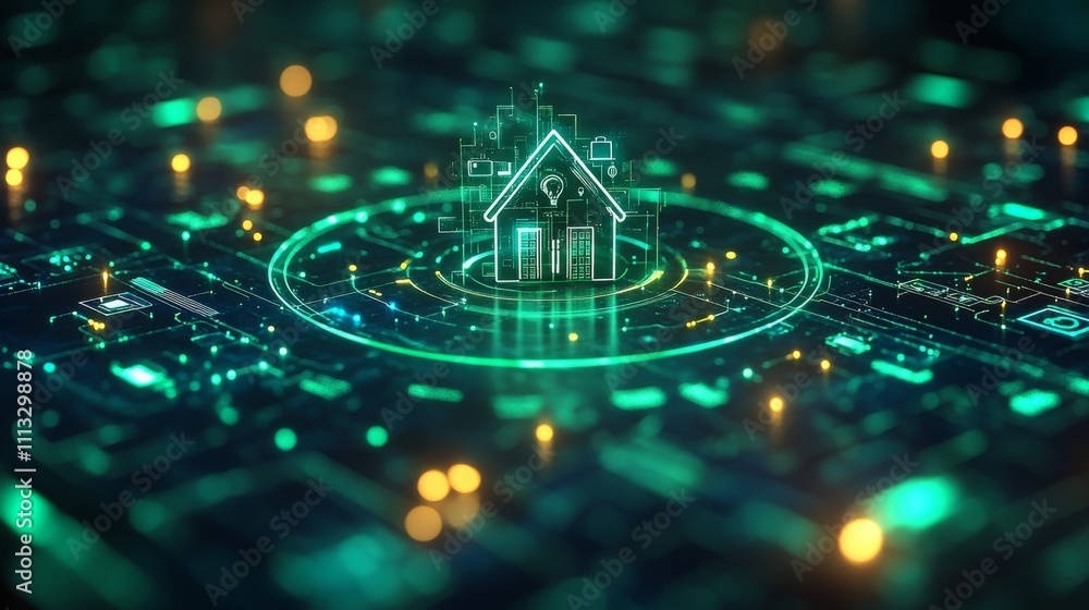 Poster futuristic smart home interface displaying holographic features and connected technology