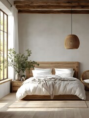 Cozy Rustic Bedroom with Wooden Bed Frame, White Bedding, and Natural Decor Featuring a Large Window, Potted Plant, and Woven Pendant Light.