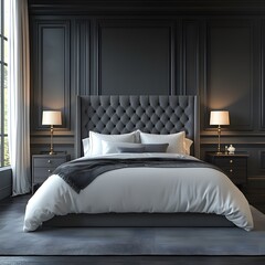 Luxurious Modern Bedroom with Dark Upholstered Headboard, Elegant Bedding, and Ambient Lighting, Featuring Decorative Pillows, Sheer Curtains, and a Large Window Overlooking a Scenic View.