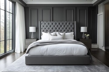 Luxurious Modern Bedroom with Dark Upholstered Headboard, Elegant Bedding, and Ambient Lighting, Featuring Decorative Pillows, Sheer Curtains, and a Large Window Overlooking a Scenic View.