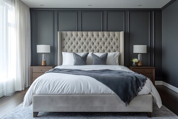 Luxurious Modern Bedroom with Dark Upholstered Headboard, Elegant Bedding, and Ambient Lighting, Featuring Decorative Pillows, Sheer Curtains, and a Large Window Overlooking a Scenic View.