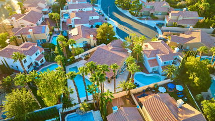 Aerial of Palm-Lined Suburban Neighborhood with Pools and Red Roofs