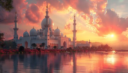 Fototapeta premium Mosque with sunset view. Suitable for travel brochures, religious articles, and peaceful imagery, Ramadan or Eid themed designs