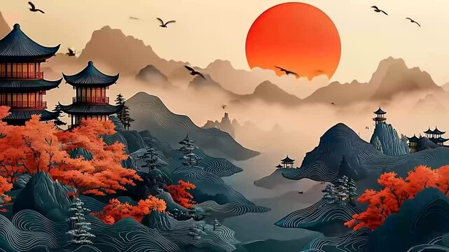 view of japanese pagoda in the mountains. Seamless looping time-lapse virtual video animation background.