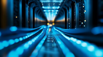 Close up of cables connect to a server in a data center, showcasing connection in data server storage