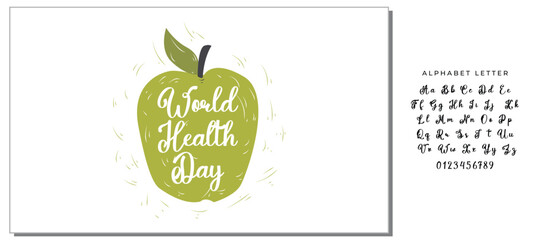 World Health Day lettering handwritten with calligraphic font on green hand drawn apple isolated on white background. Fresh fruit with elegant inscription. Bright colored vector illustration.