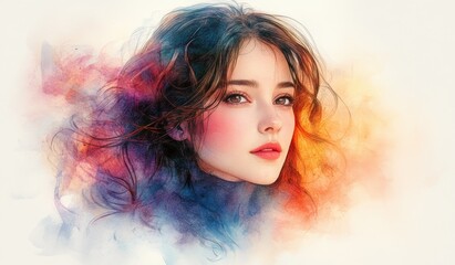 Fototapeta premium Smiling Woman in a White Background Watercolor Portrait with Flowing Hair and Soft Pastel Colors