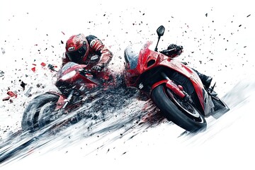 Studio depiction of a high-speed collision between two motorbikes on white.
