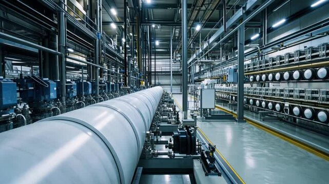 Inside a modern reverse osmosis facility, advanced machinery processes large volumes of water, making it suitable for industrial use.