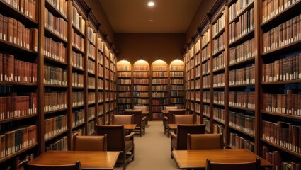 A serene and magnificent library featuring towering