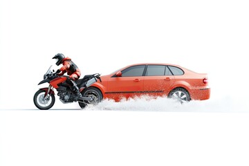 Naklejka premium Studio depiction of a motorcycle skidding to avoid a stopped car isolated on white. 