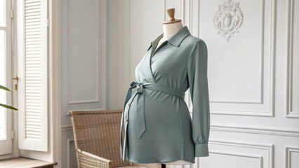 Stylish light green maternity shirt on mannequin in room with white walls and wicker chair, perfect for trendy and comfortable pregnancy fashion