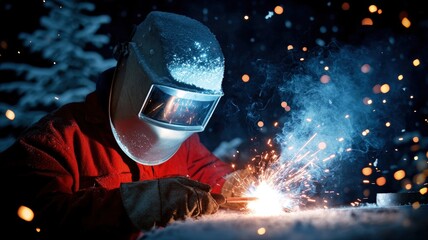 A welder works in a snowy environment, creating sparks against a dark backdrop.