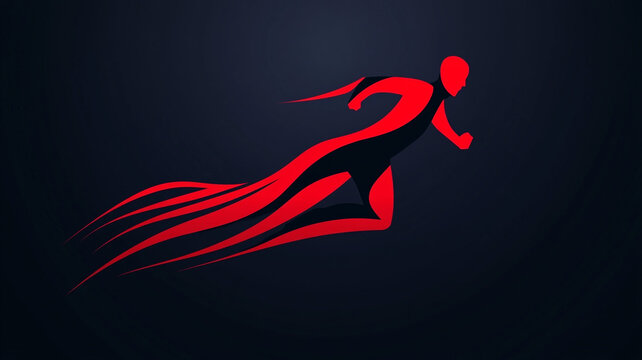 Dynamic and sleek logo with a running figure in bold red and black. Strong sans-serif typography