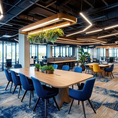 Obraz premium Modern Office Interior Design with Wooden Table and Blue Chairs.